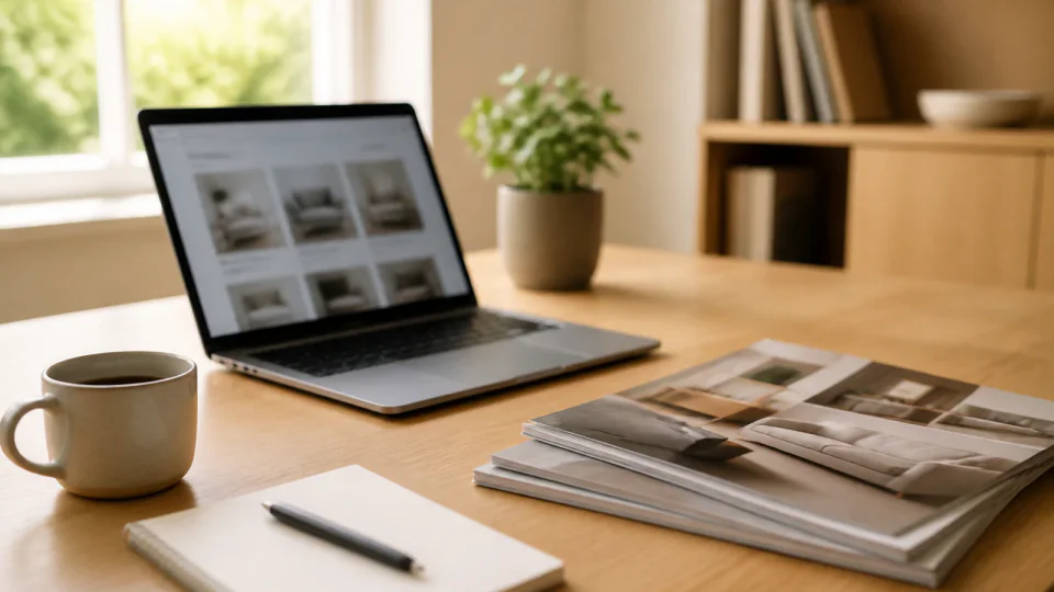 Mesa clara com notebook e caderno, pronta para pesquisar um produto
