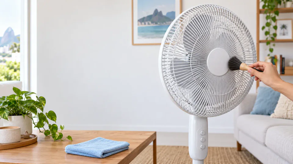 Como limpar ventilador com pincel seco e pano de microfibra em uma sala iluminada