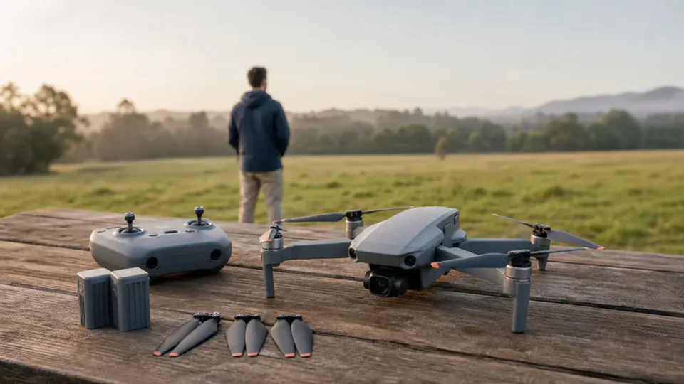 Drone para iniciantes com controle, baterias e hélices sobre mesa ao ar livre