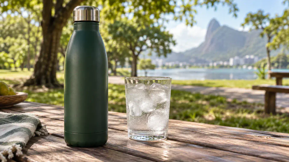 Garrafa térmica conserva gelo em água gelada durante um dia de passeio