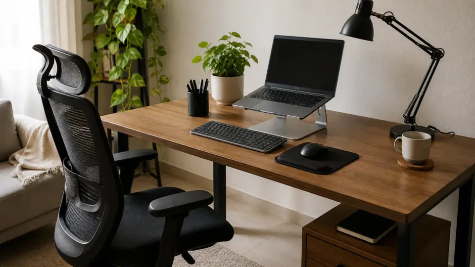 home office ergonômico com mesa, notebook elevado, cadeira e periféricos