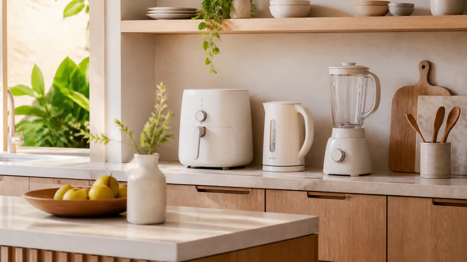 Eletrodomésticos em uma cozinha clara, prontos para comparação
