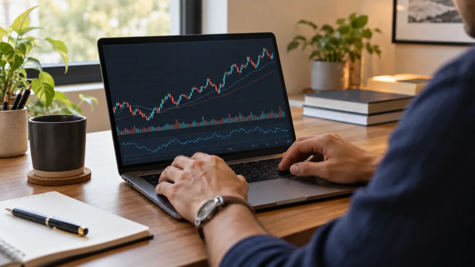 Pessoa analisando gráficos no notebook para aprender como investir em dólar pela Interactive Brokers