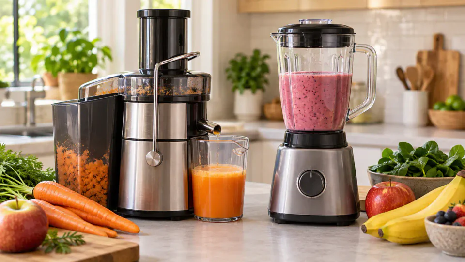 Juicer ou liquidificador lado a lado em bancada de cozinha com suco e vitamina