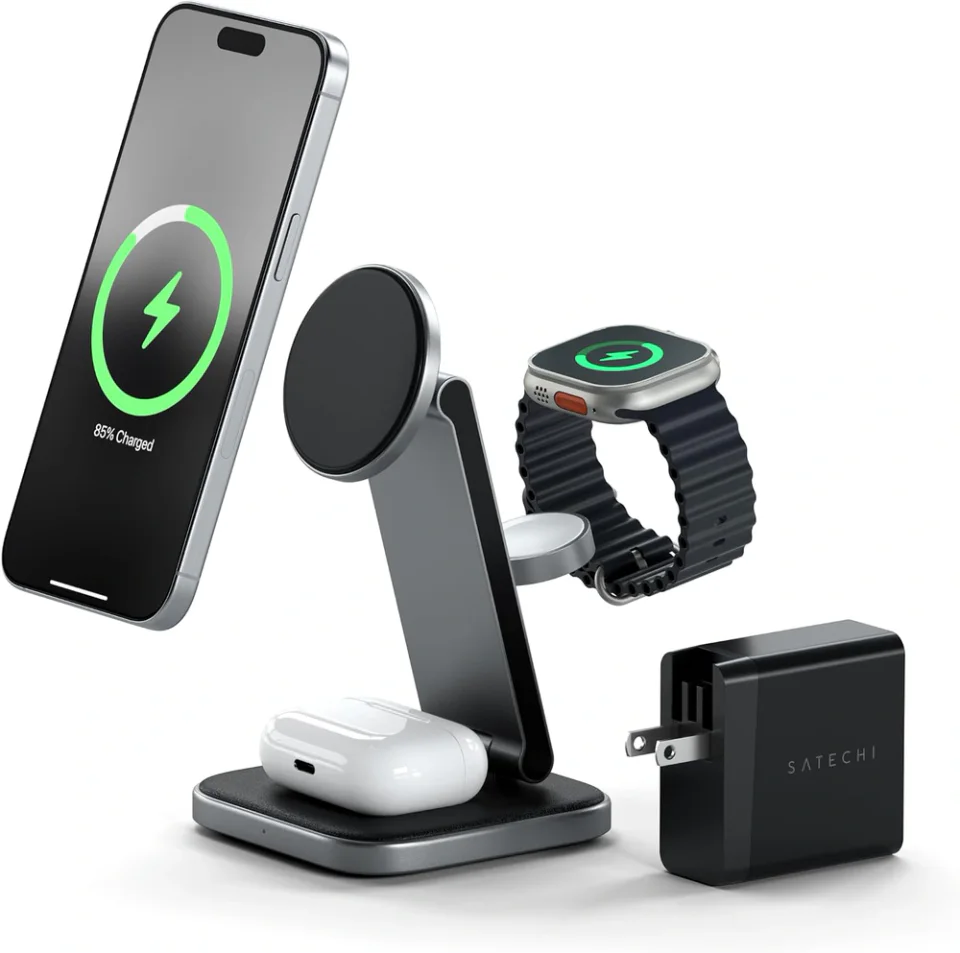 Satechi ST-Q31FM-EA, carregador wireless dobrável Qi2 3 em 1 cinza