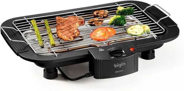 Churrasqueira Elétrica De Mesa Bbq Show Elgin 220V Com controle de temperatura, bandeja anti-fumaça e grelha removível, churrasqueiras elétricas