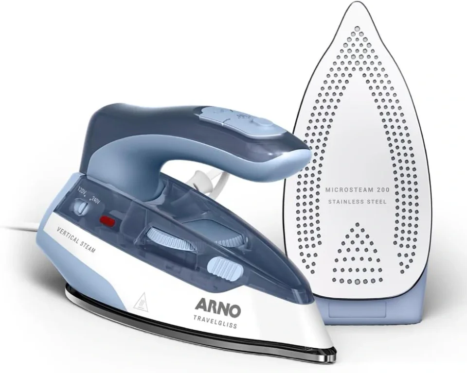 Arno Travelgliss FVTB azul e branco, ferro de passar roupa bivolt para viagem