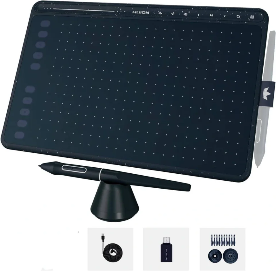 Huion HS611 cinza com teclas de atalho e faixa multimídia