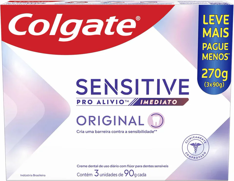 Colgate Sensitive Pro Alívio Imediato Original 3 × 90 g, pasta de dente da variante comparada com embalagem e tubo identificados