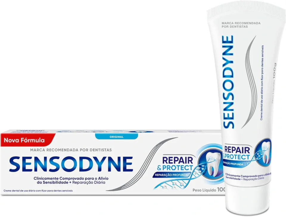 Sensodyne Repair & Protect 100 g, pasta de dente da variante comparada com embalagem e tubo identificados