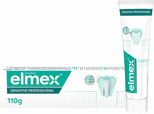 Elmex Sensitive Professional 110 g, pasta de dente da variante comparada com embalagem e tubo identificados