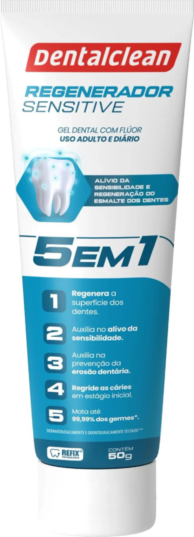 Dentalclean Regenerador + Sensitive 5 em 1 90 g, pasta de dente da variante comparada com embalagem e tubo identificados