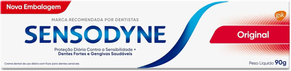 Sensodyne Original com Flúor 90 g, pasta de dente da variante comparada com embalagem e tubo identificados