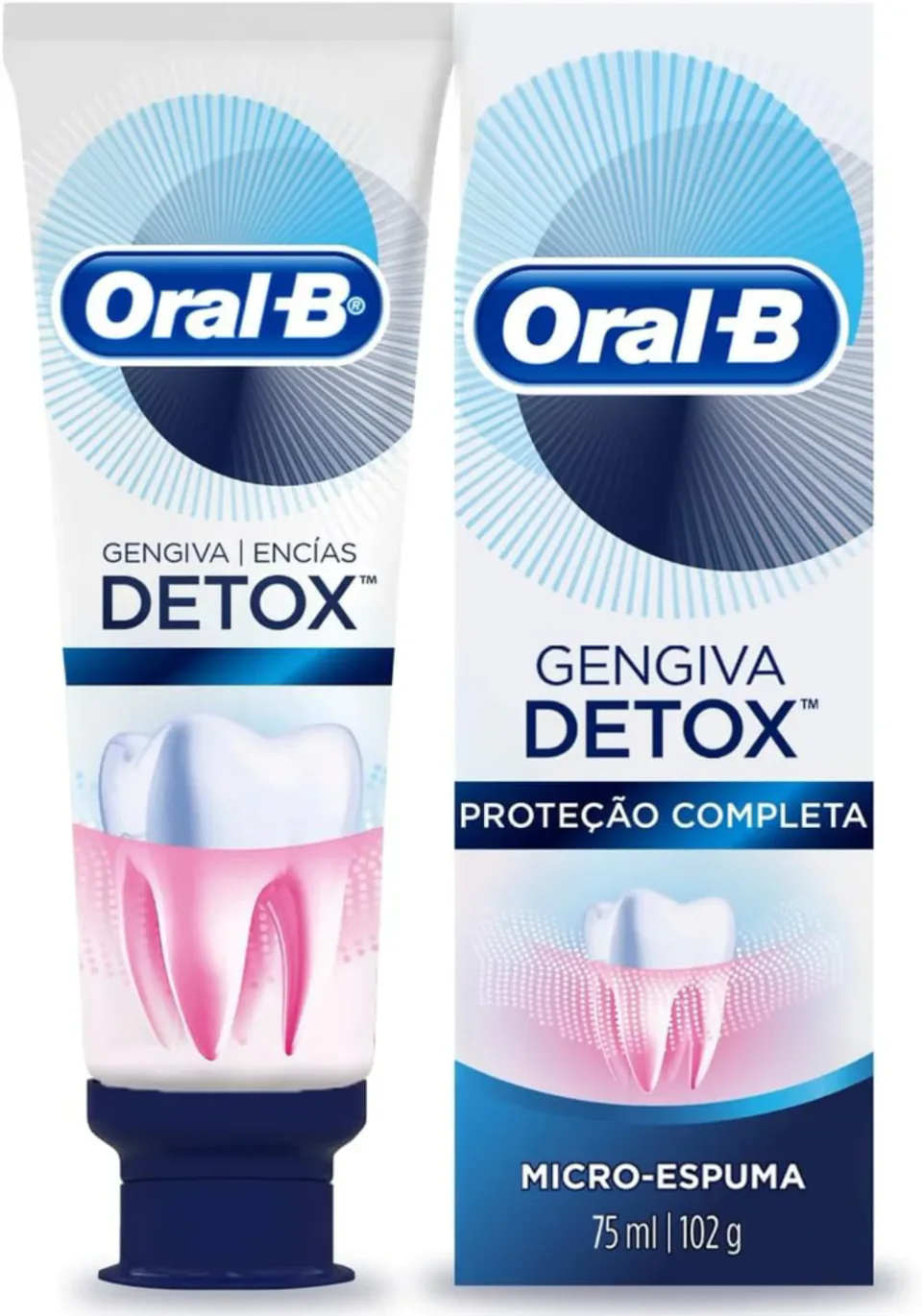 Oral-B Gengiva Detox Proteção Completa 102 g, pasta de dente da variante comparada com embalagem e tubo identificados