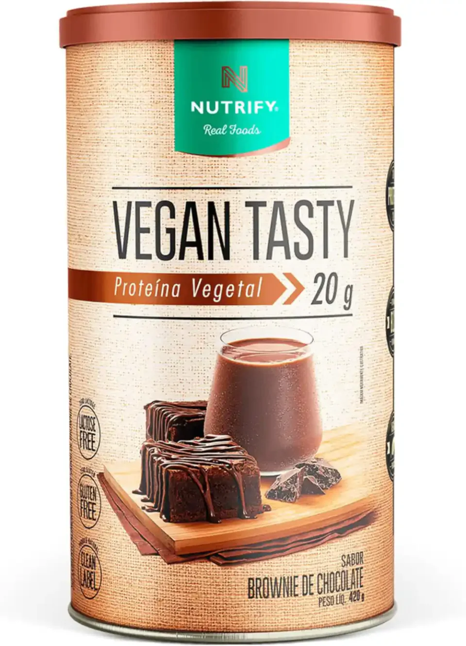 Nutrify Vegan Tasty Brownie 420 g, proteína vegana em embalagem de 420 g na variante brownie de chocolate