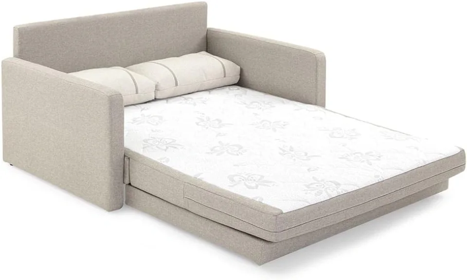 Herval Aurora, sofá-cama de dois lugares em linho bege com colchão