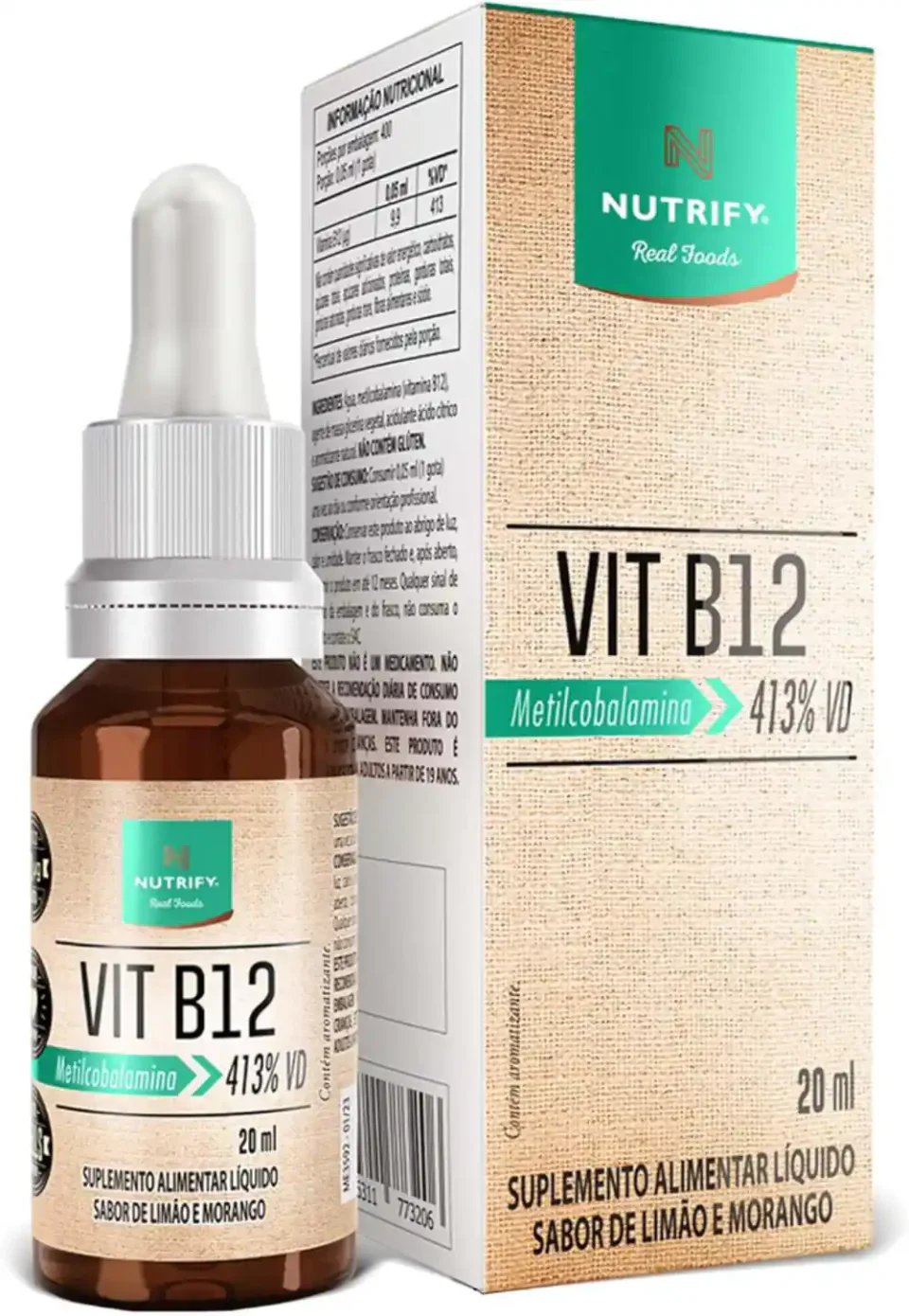 Nutrify vitamina B12 líquida de 20 mL, suplemento em gotas sabor limão e morango