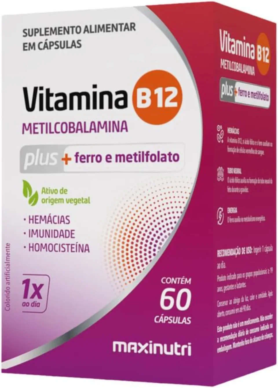 Maxinutri vitamina B12 em pote com 60 cápsulas de cianocobalamina