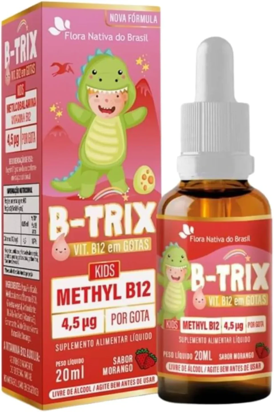 Flora Nativa B-Trix vitamina B12 infantil em gotas, frasco de 20 mL sabor morango