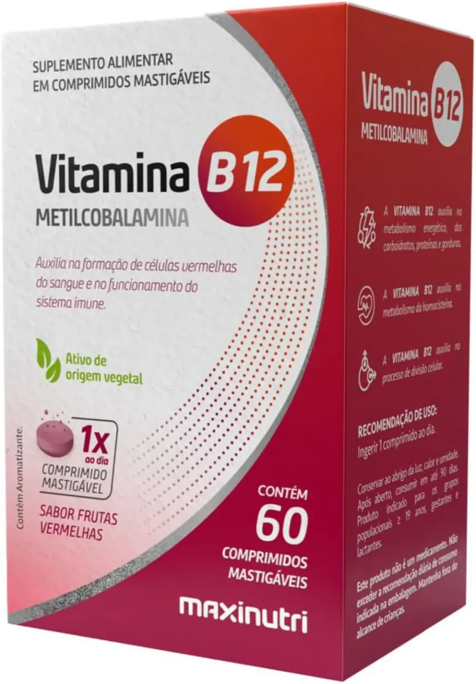 Maxinutri vitamina B12 metilcobalamina em pote com 60 comprimidos mastigáveis