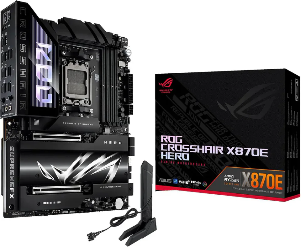 Placa-mãe ASUS ROG Crosshair X870E Hero ATX com cinco M.2 e Wi-Fi 7