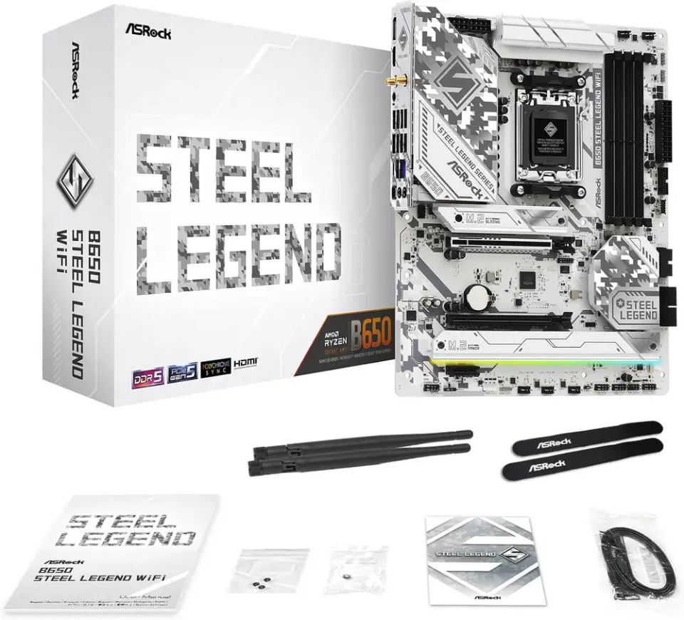 Placa-mãe ASRock B650E Steel Legend WiFi branca com PCIe 5.0 e três M.2