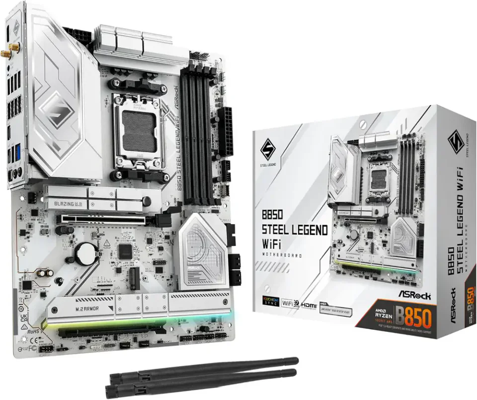 Placa-mãe ASRock B850 Steel Legend WiFi ATX branca com quatro slots M.2