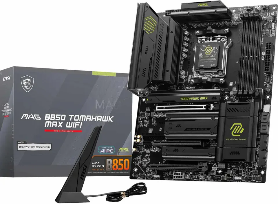 Placa-mãe MSI MAG B850 Tomahawk Max WiFi ATX com LAN 5 Gb e quatro M.2