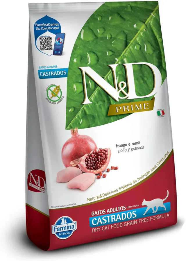 Farmina N&D Prime Castrados como ração para gatos adultos de frango e romã