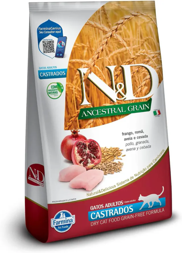 Farmina N&D Ancestral Grain como ração para gatos castrados de frango e romã