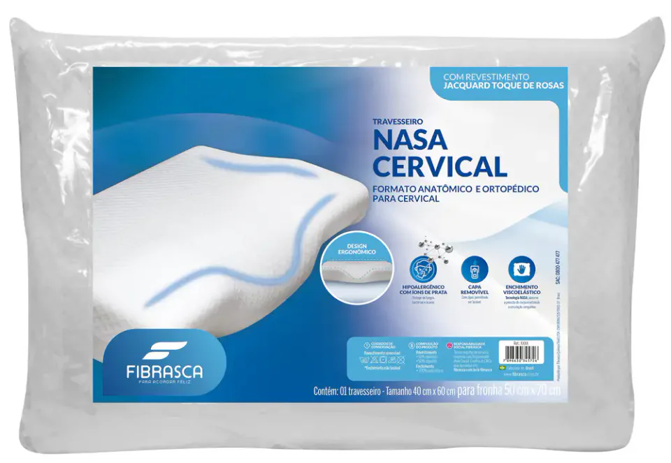 Fibrasca Nasa Cervical, travesseiro cervical hipoalergênico com revestimento lavável