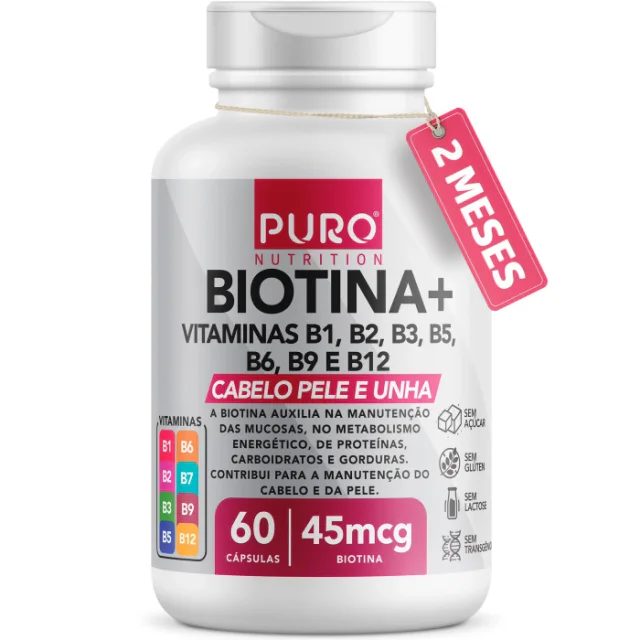 Puro Nutrition Biotina 60 cápsulas, vitaminas para cabelos com complexo B