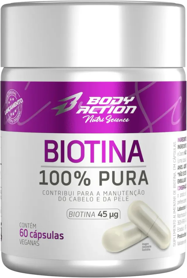 Bodyaction Biotina 100% Pura 60 cápsulas, vitaminas para cabelos