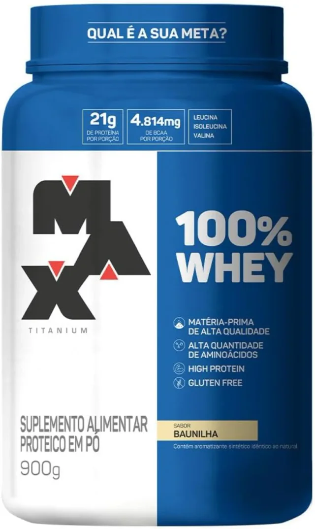 Whey protein Max Titanium 100% Whey sabor baunilha em pote de 900 g