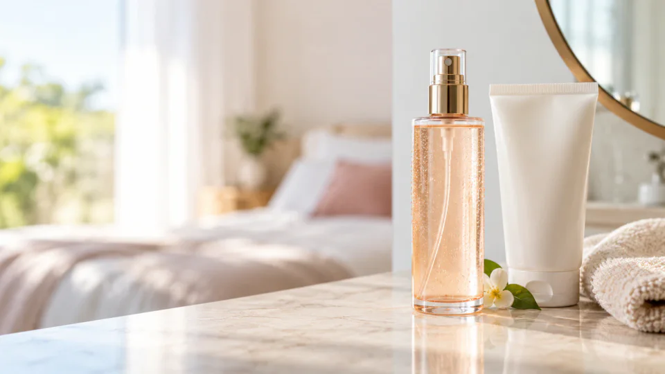O que é body splash: frasco de fragrância corporal ao lado de hidratante