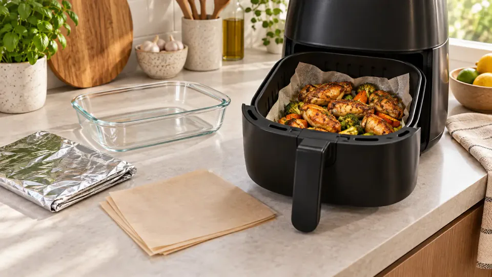 Pode colocar papel alumínio na air fryer com papel manteiga e recipiente de vidro ao lado do aparelho