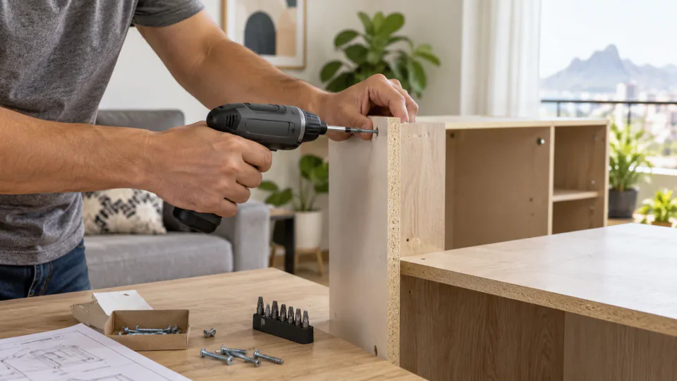 Parafusadeira para montar móveis vale a pena em uso sobre um painel de MDF