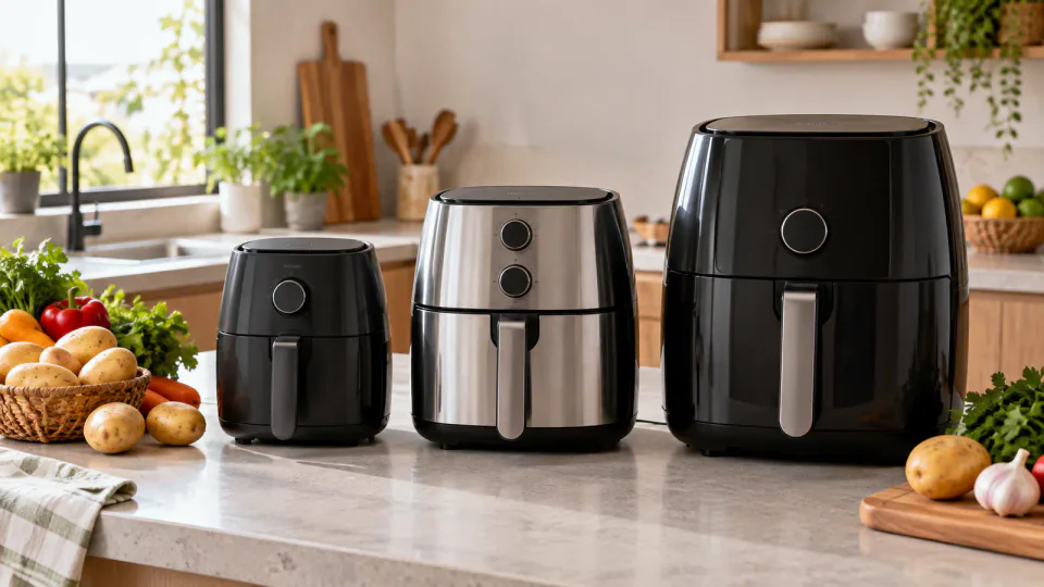 Tamanho de air fryer comparado em uma bancada de cozinha brasileira