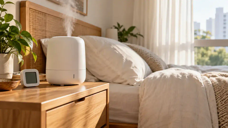 Umidificador de ar para que serve: aparelho em uso em quarto iluminado