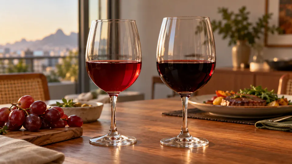 Vinho tinto suave ou seco servido em duas taças para comparação