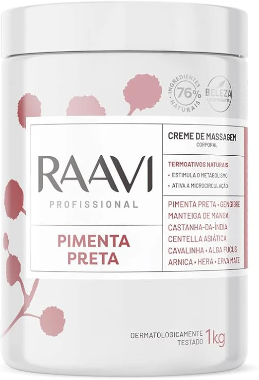 Raavi Creme de Massagem Pimenta Preta 1kg, géis redutores de medidas