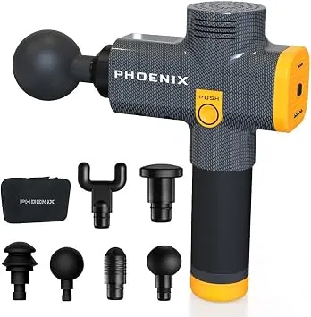 Phoenix A2, massageador muscular preto com maleta e quatro ponteiras