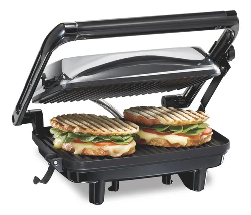 Hamilton Beach Panini Press 25460MNA com Potência e chapas visíveis