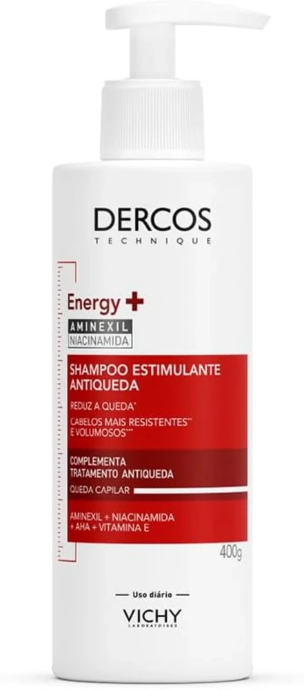 Vichy Dercos Energy+ 400 g, shampoo antiqueda na apresentação e variante comparadas