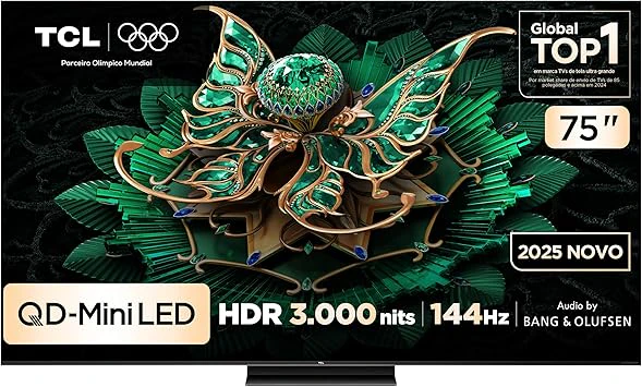 Smart TV TCL 75 Polegadas QLED Mini LED 4K C7K WiFi Bluetooth Google TV 4 HDMI 144Hz HDR10+ 75C, Melhor TV 75 Polegadas 2026