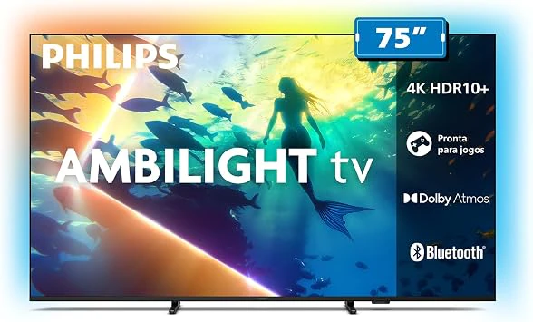 PHILIPS, Smart TV Ambilight 75" 4K, 75PUG8100/78, Comando de Voz, HDR10+/Dolby Atmos, VRR/ALLM,, Melhor TV 75 Polegadas 2026