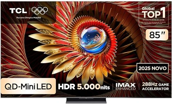Smart TV TCL 85 Polegadas QLED Mini LED 4K C8K WiFi Bluetooth Google TV 288Hz VRR HDR10+ 85C8K, Melhor TV 85 Polegadas 2026