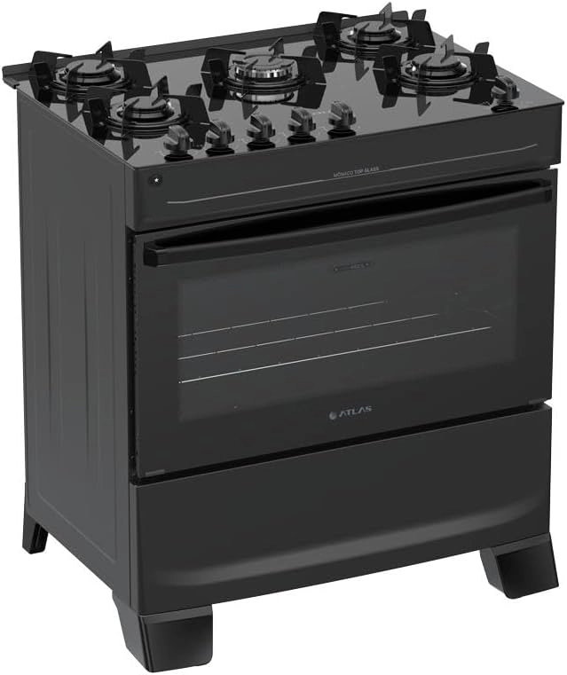 Fogão Atlas Mônaco Top Glass de cinco bocas com mesa de vidro preta