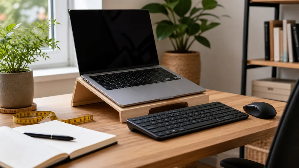 Como montar um home office ergonômico e produtivo gastando menos 1 setup ergonômico com notebook elevado, teclado externo e mouse