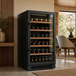 Home 1892 Adega climatizada moderna com porta de vidro e garrafas de vinho